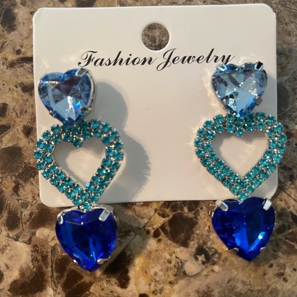 Romantic Blue Crystal Three Heart Drop Earrings - Picture 7 of 17